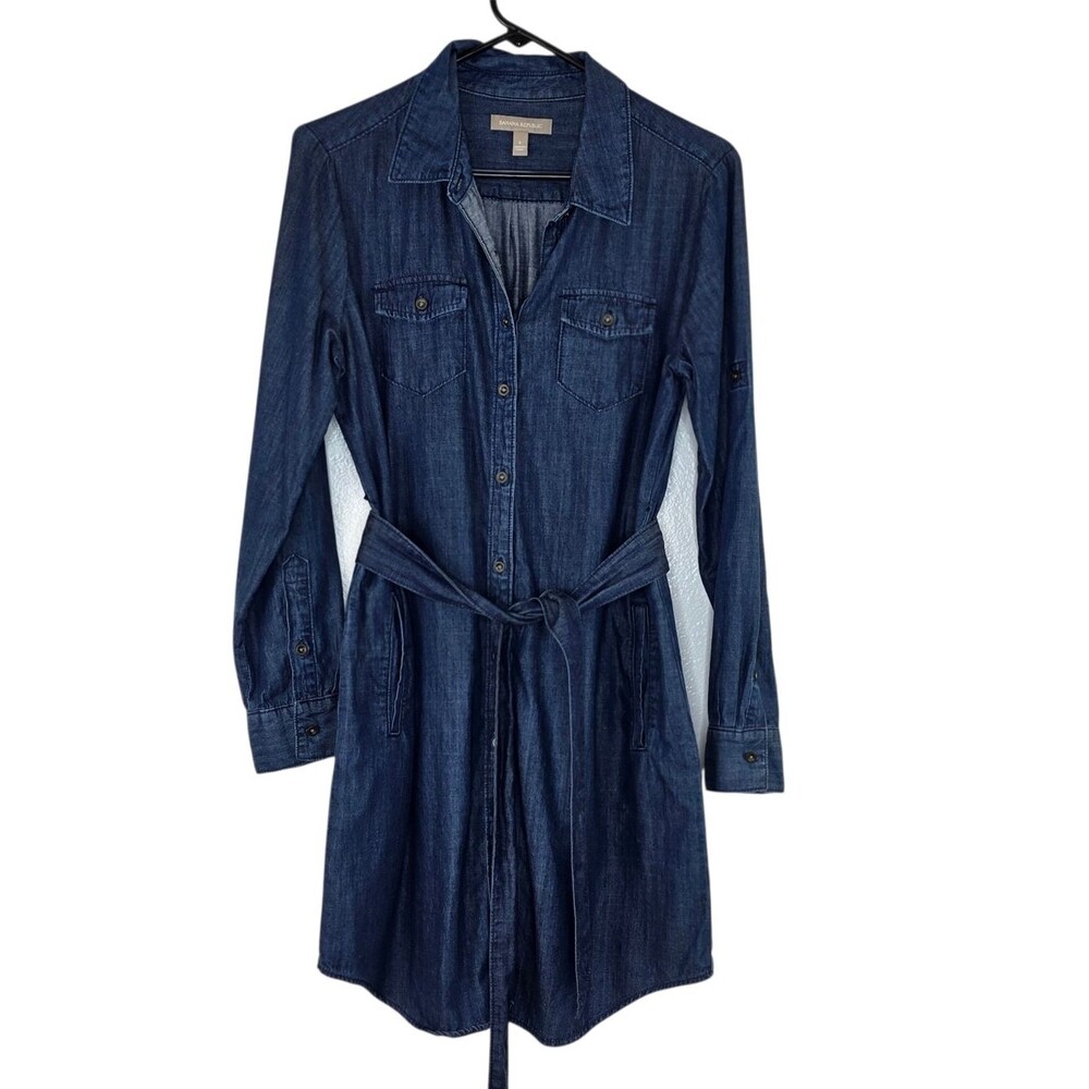 Banana Republic Blue Chambray Denim Tie Waist Long Sleeve Button Up Dress 6 - Picture 2 of 10